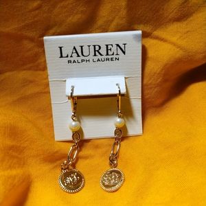 LAUREN RALPH LAURENGold-Tone Imitation Pearl Coin Linear Earrings New
